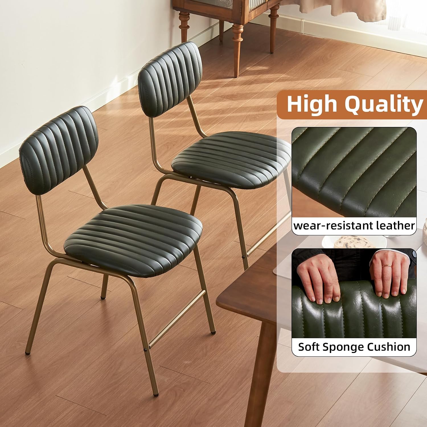 Mid Century Modern Dining Chairs Set of 2, Retro Chair with Faux Leather Upholstered Seat & Vintage Distressing Metal Legs & Leg Protectors for Kitchen Dining Room (Dark Green,Assemble)