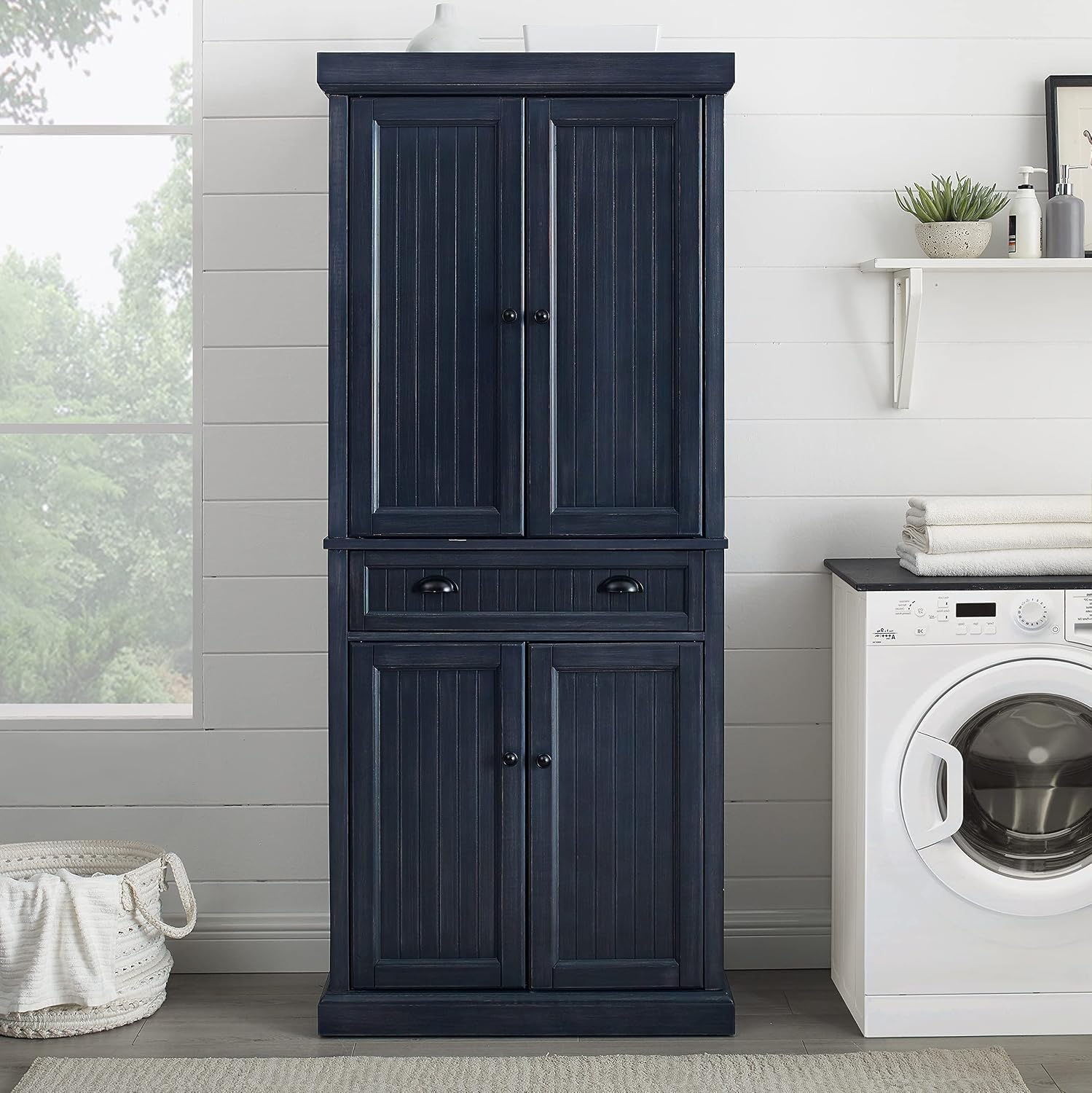 Crosley Furniture Seaside Coastal Pantry Storage Cabinet with Shelves, Kitchen, Dining, or Laundry Room, Distressed Navy