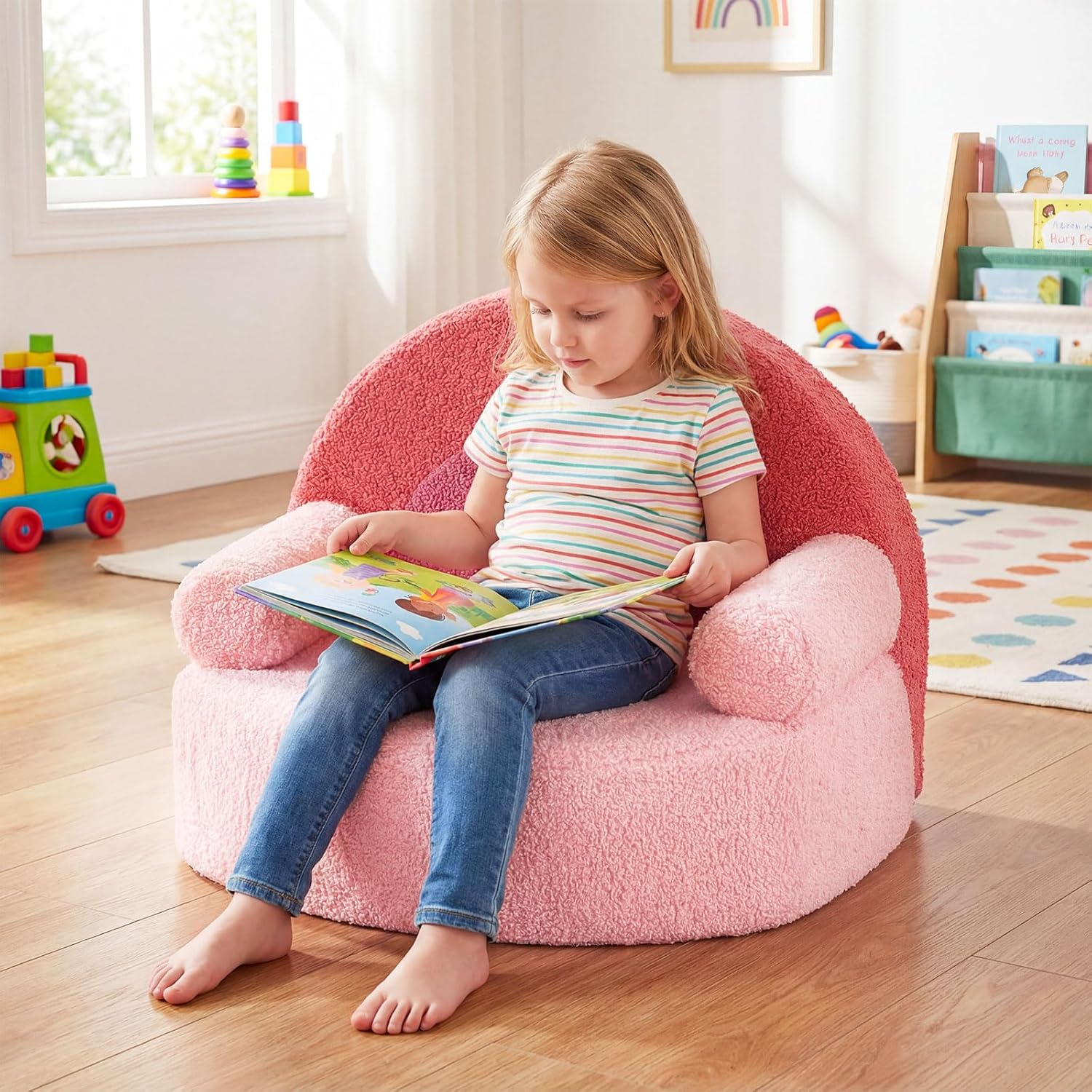 Costzon Kids Couch, Comfy Toddler Soft Sofa Chair with Fleece Fabric Cover, Kids Furniture for Playroom, Children Reading Armchair for Boys & Girls Gifts Aged 3+ (Medial,Blush Pink Arc)