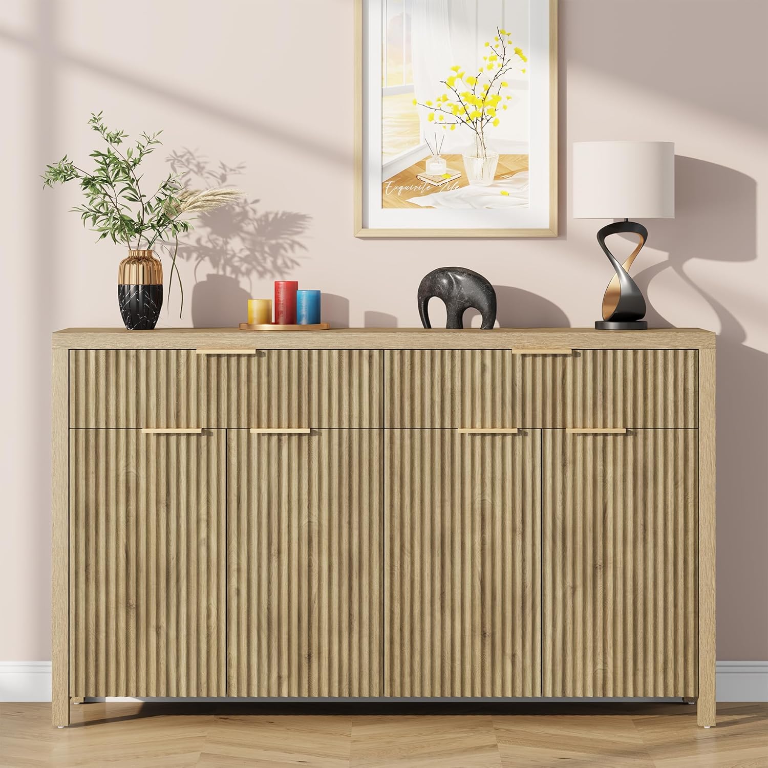 YaFiti Sideboard Buffet Cabinet Fluted Storage Cabinet, 55.1" Large Credenza with Storage & Adjustable Shelves, Modern Accent Cabinet Wood for Dining Room, Living Room, Entryway, Natural Oak