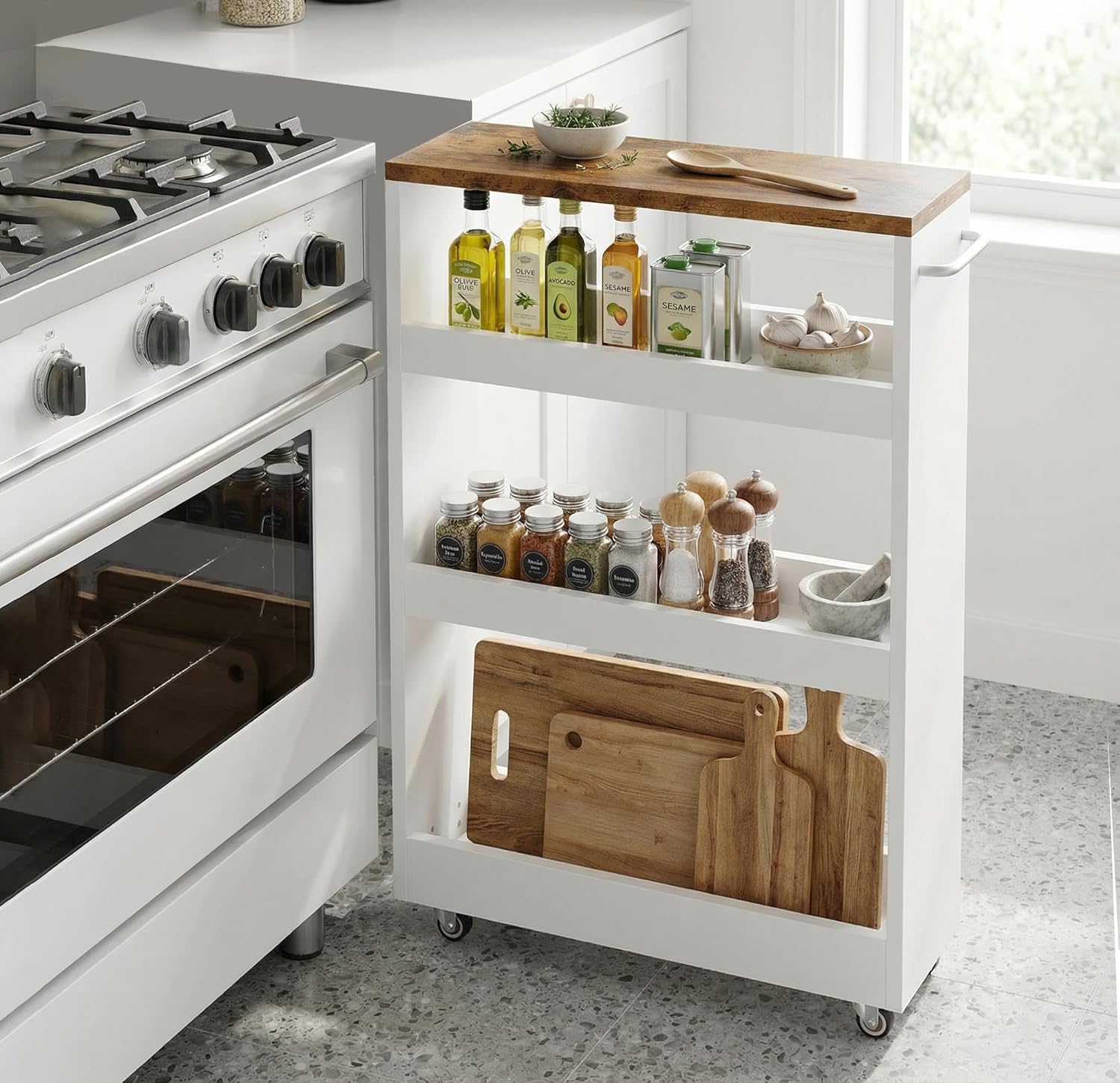 TEAMIX 4 Tier Slim Rolling Storage Cart with Wheels, 24.8D x 7.9W Inches, Height Adjustable, Deeper Utility Cart with Handle Narrow Shelf Organizer for Kitchen Laundry Bathroom Pantry Office (White)