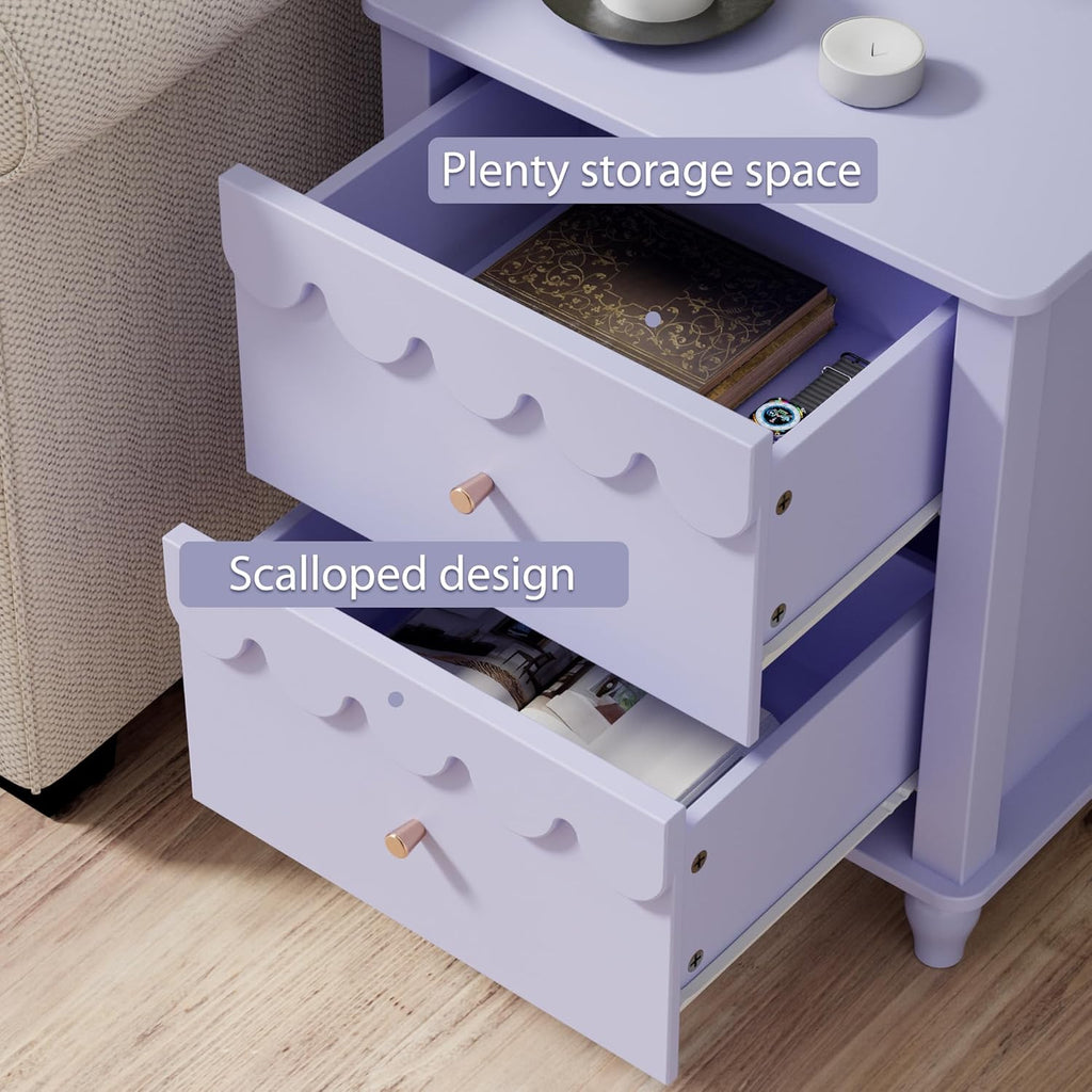 Purple Nightstand Side End Table with 2 Drawers, Modern Night Stand with Petal Pattern for Bedroom, Scalloped Bedside Night Tables with Solid Wood Legs