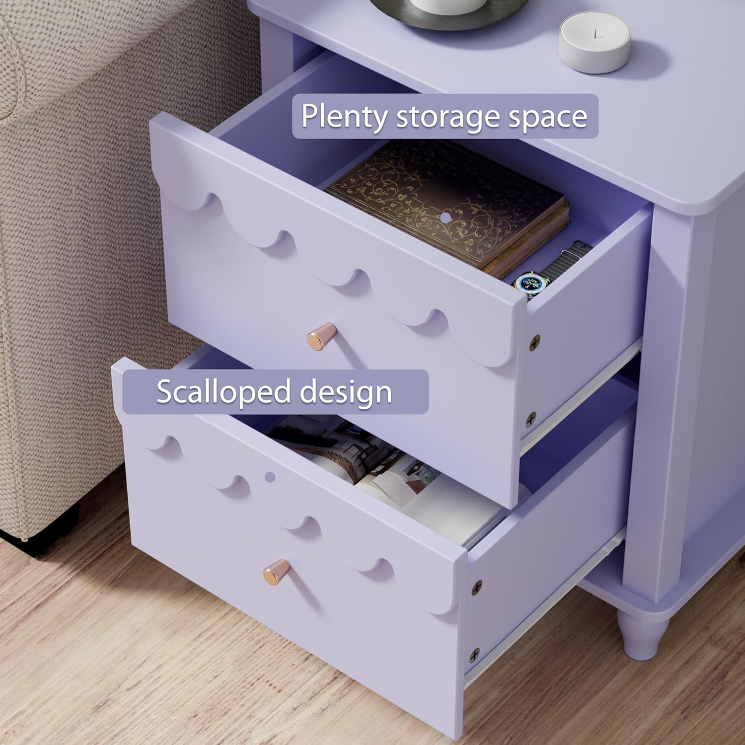 Purple Nightstand Side End Table with 2 Drawers, Modern Night Stand with Petal Pattern for Bedroom, Scalloped Bedside Night Tables with Solid Wood Legs