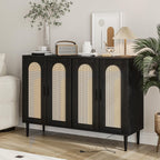 Patikuin Rattan Sideboard Buffet Cabinet, Boho Accent Storage Cabinet, 4 Doors Console Table Coffee Bar with Power Outlet, Adjustable Shelves for Kitchen, Dining Room, Hallway, Living Room (Black_1)