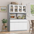 Keyluv 75" x 55" Kitchen Pantry Storage Cabinet with Glass Doors and Drawers, Wide China Cabinet Hutch with Microwave Stand Coffee Bar, Food Pantry with Hutch Shelf for Dining Room, White/Grey
