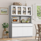 Keyluv 75" x 55" Kitchen Pantry Storage Cabinet with Glass Doors and Drawers, Wide China Cabinet Hutch with Microwave Stand Coffee Bar, Food Pantry with Hutch Shelf for Dining Room, White/Grey