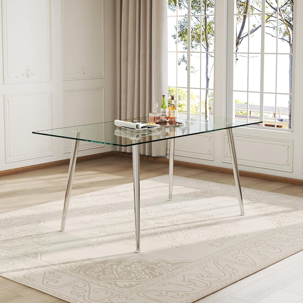 63" Glass Dining Table for 4, Rectangular Modern Kitchen Tables with Glass Tabletop and Metal Trestle Legs for Restaurants and Dining Room, Silver