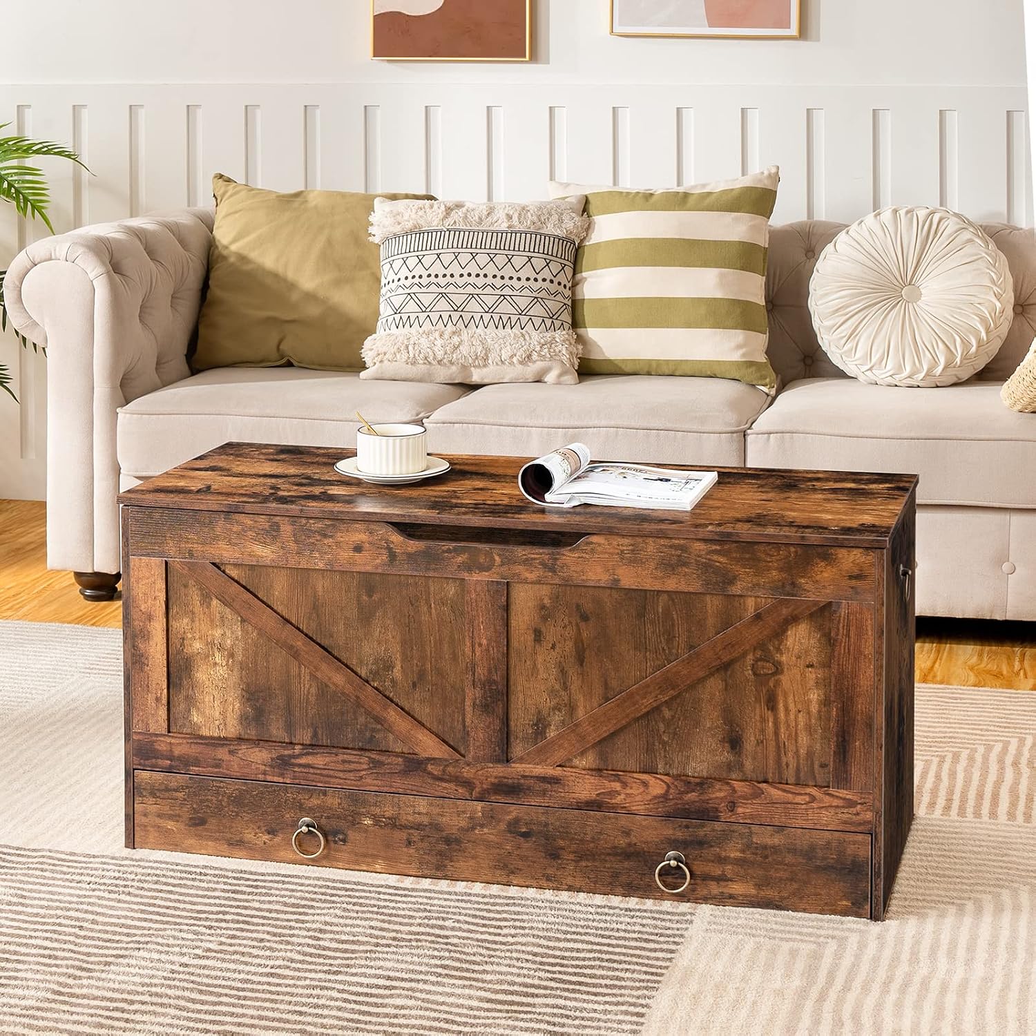 HOOBRO Storage Chest, 39.3" Toy Chest with Drawer, Wooden Storage Bench, Sturdy Entryway Bench Supports 220 lb, Shoe Bench, Safety Hinge, U-Shaped Opening, Easy Assembly, Rustic Brown FG710CW01G2