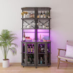 Wine Bar Cabinet with Power Outlet, 6-Tiers Industrial Wine Cabinet with LED Light and Glass Holder, Corner Bar Cabinet with Adjustable Shelf and Mesh Door, Liquor Cabinet Bar for Home