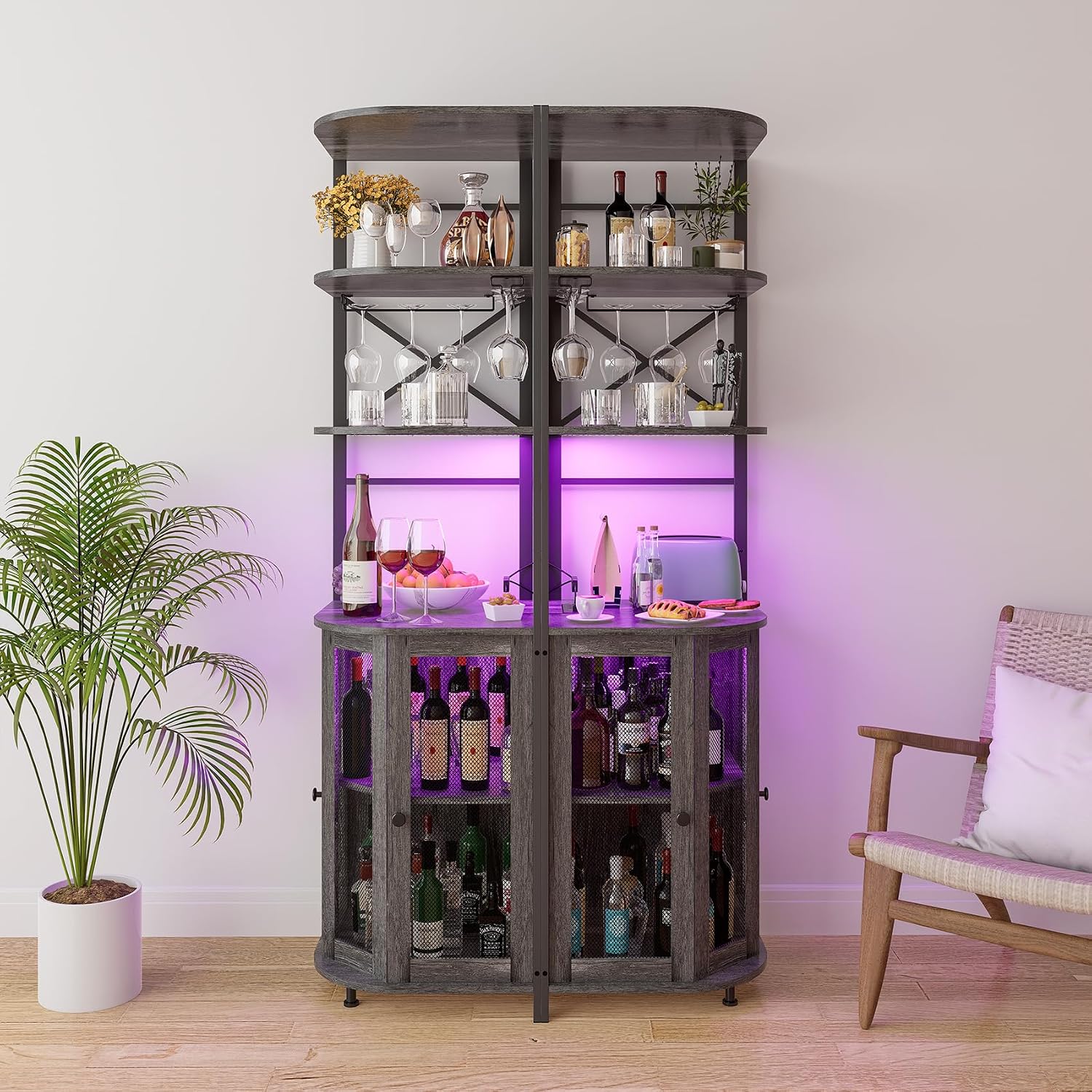 Wine Bar Cabinet with Power Outlet, 6-Tiers Industrial Wine Cabinet with LED Light and Glass Holder, Corner Bar Cabinet with Adjustable Shelf and Mesh Door, Liquor Cabinet Bar for Home