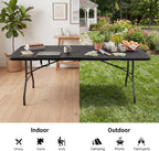 6ft Folding Table, Portable Heavy Duty Plastic Table for Party, Black | Fold-in-half Design with Carry Handle,Easy Setup,Compact Storage. Supports 330 lbs for Indoor & Outdoor use,Camping, Picnic