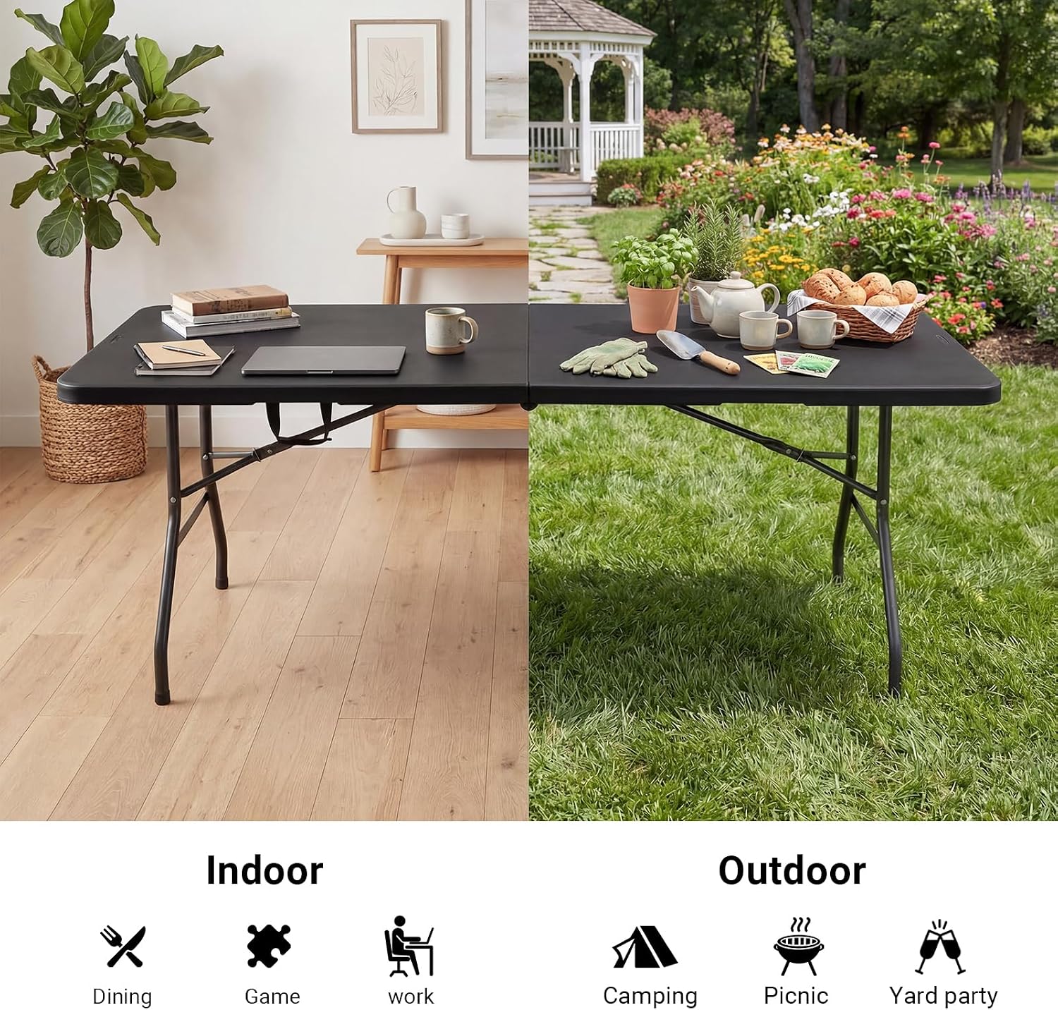 6ft Folding Table, Portable Heavy Duty Plastic Table for Party, Black | Fold-in-half Design with Carry Handle,Easy Setup,Compact Storage. Supports 330 lbs for Indoor & Outdoor use,Camping, Picnic