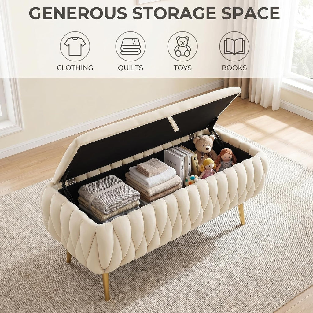 Bench for Entryway 41.3", Bedroom Benches for Foot of Bed, Ottoman with Storage for Bedroom, Upholstered Rectangular Ottoman for Living Room, Entryway, Holds up to 450 lb (White)
