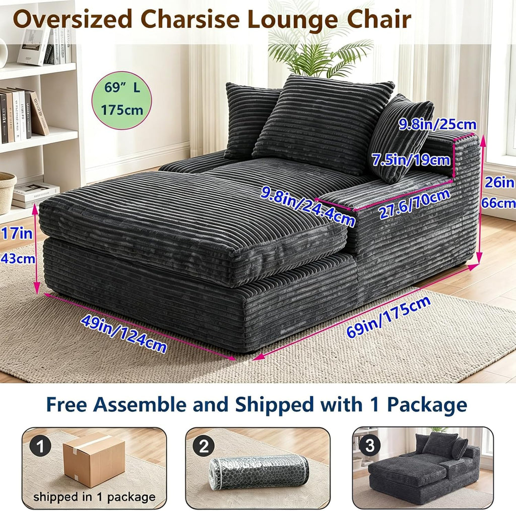 Vipbear Premium 69" Oversized Chaise Lounge Chair Indoor, Corduroy Cloud Boneless Sofa Bed Couch with Pillows&Wide Armrests for Living Room, Gray