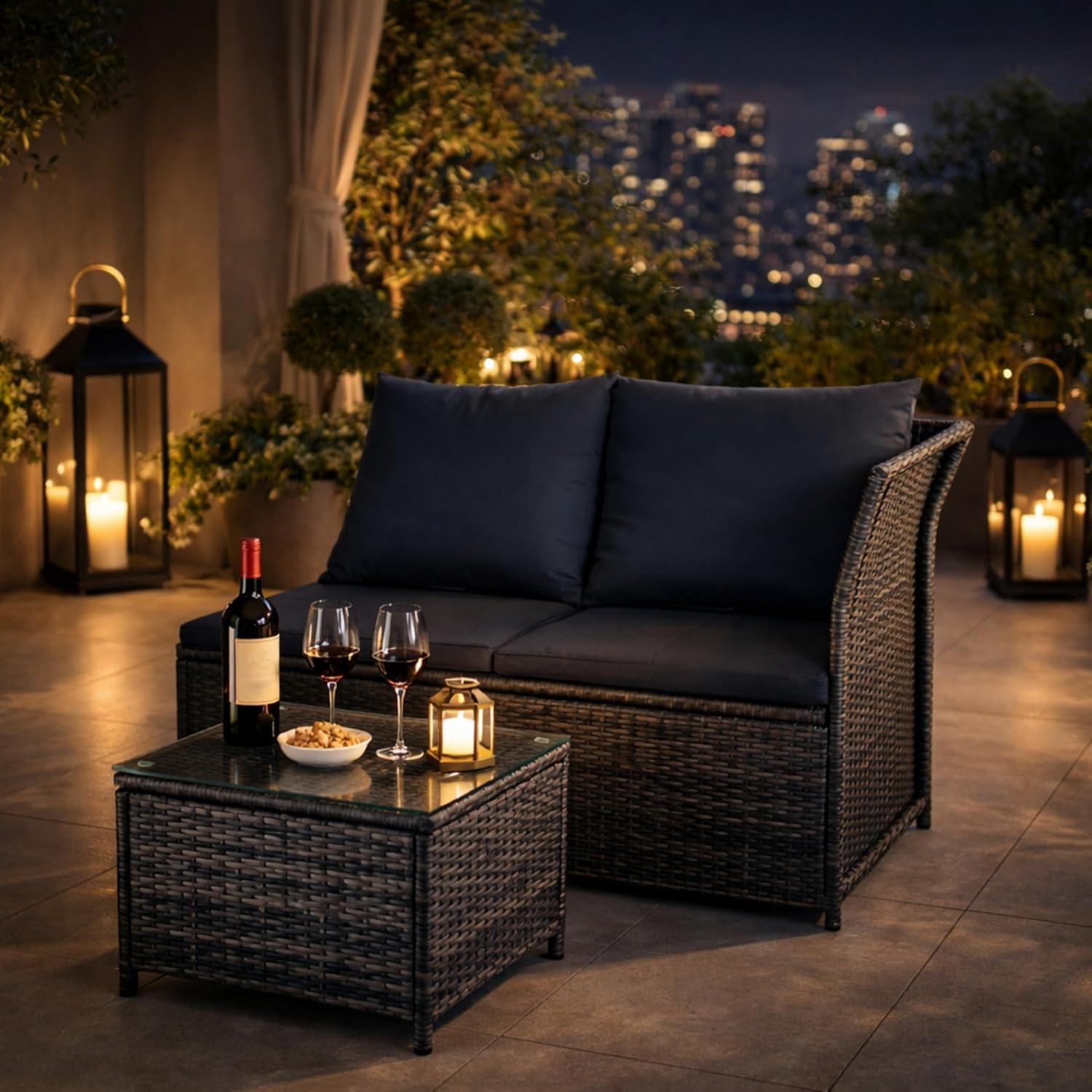 GIANGSUNNY 3 Patio Furniture Set with Storage, Outdoor Sectional Wicker Rattan Conversation Set with Loveseat & Glass Coffee Table, All-Weather Patio Seating (Grey, 3Pcs Set with Storage)