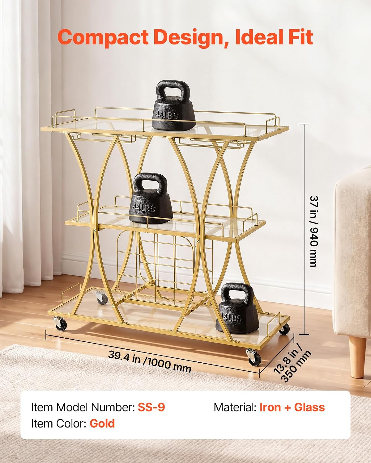 VEVOR Bar Cart, 3 Tiers Home Kitchen Serving Carts, Modern Rolling Utility Station on Wheels, Drink Beverage Trolley with Tempered Glass Shelves, Wine Rack, Glass Holder, for Living Dining Room, Gold