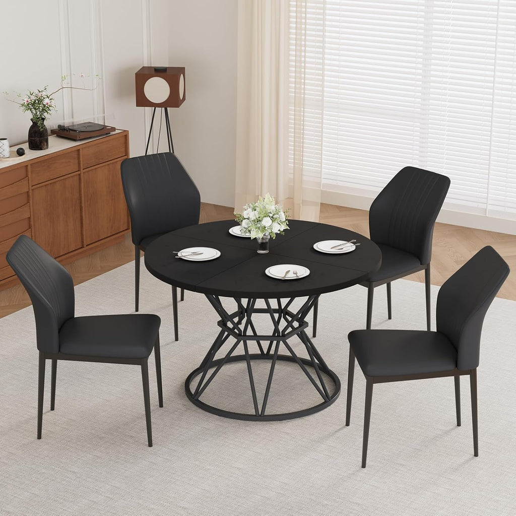 HIPIHOM 47.24" Round Dining Table Set for 4, 5 Piece Dining Room Table Set, Circle Kitchen Table and Chairs for Dining Room, Living Room, Kitchen, Apartment(Black Table + 4 Black Faux Leather Chairs)