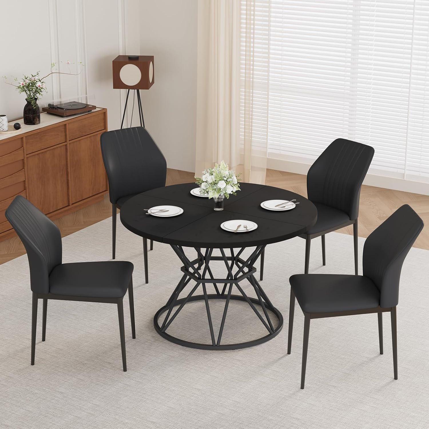 HIPIHOM 47.24" Round Dining Table Set for 4, 5 Piece Dining Room Table Set, Circle Kitchen Table and Chairs for Dining Room, Living Room, Kitchen, Apartment(Black Table + 4 Black Faux Leather Chairs)