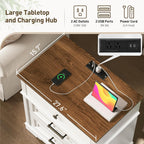 RALGEND 29.5" Tall Nightstand with Charging Station, 3 Drawer Farmhouse Night Stand, 27.6" Wide End Table with Storage, Large Bedside Table for Bedroom Living Room, White and Walnut