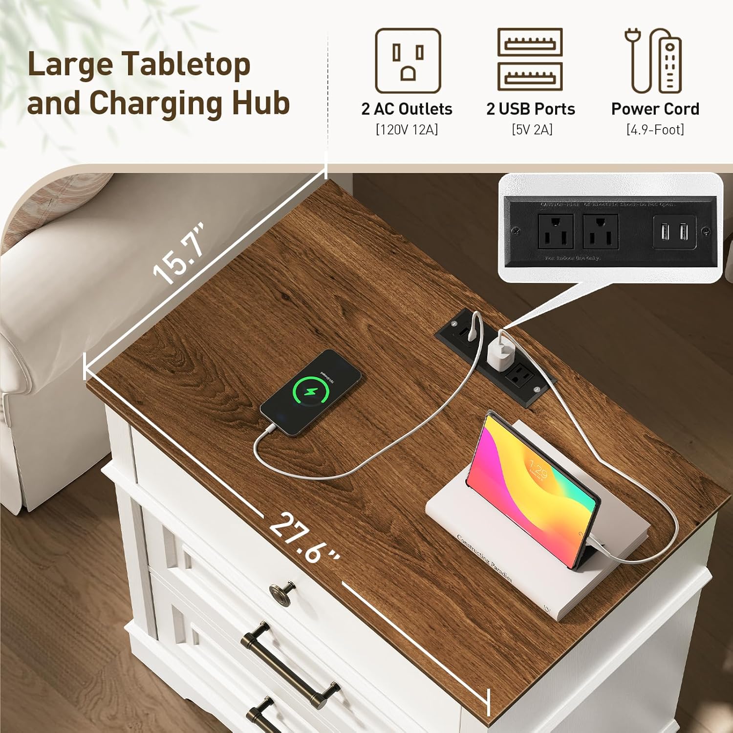 RALGEND 29.5" Tall Nightstand with Charging Station, 3 Drawer Farmhouse Night Stand, 27.6" Wide End Table with Storage, Large Bedside Table for Bedroom Living Room, White and Walnut