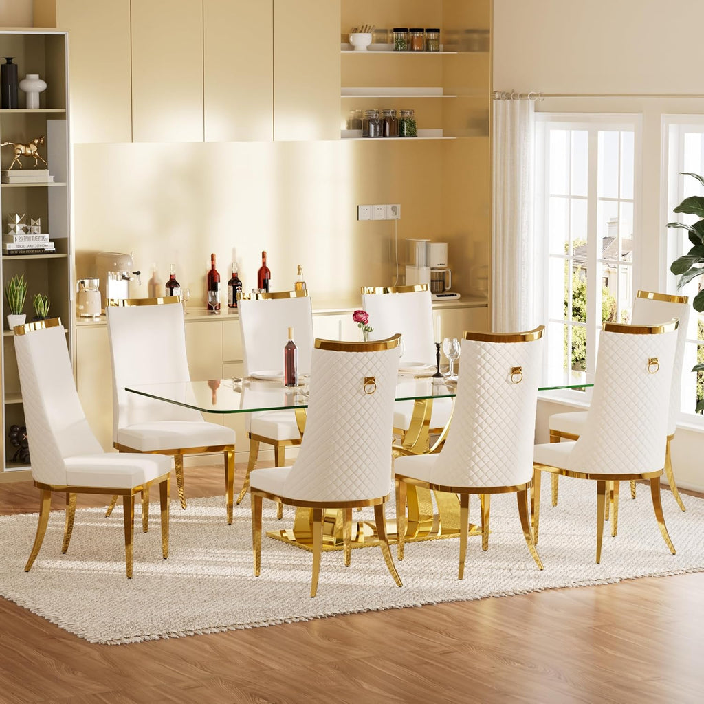 RGZ Modern High Back Upholstered Dining Chairs Set of 8, Beige Velvet Kitchen Side Chairs, Luxury Dining Accent Chairs with Comfy Cushion, Golden Stainless Steel Legs for Dining Room Home(Only Chairs)