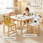 Kids Table and 4 Chairs, Wooden Stable Table and Chair Set (Elephant&Leopard&Lion&Zebra), Ideal for Arts & Crafts, Snack Time, Homeschooling, Homework & More