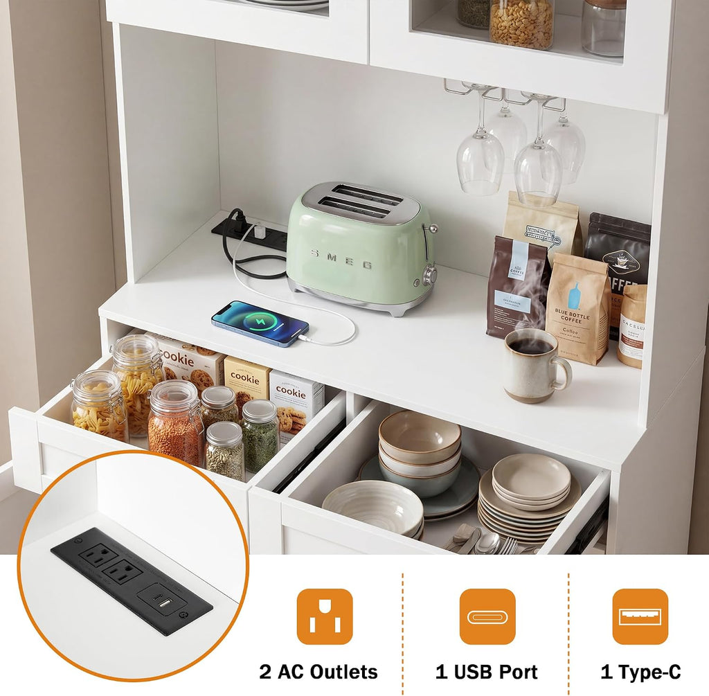 Polibi 75" Farmhouse Arched Pantry Cabinet with Charging Station, Adjustable Shelves, Open Countertop & Glass Racks, Tempered Glass Door & Barn Door, Coffee Bar Cabinet for Dining Room, White
