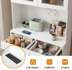 Polibi 75" Farmhouse Arched Pantry Cabinet with Charging Station, Adjustable Shelves, Open Countertop & Glass Racks, Tempered Glass Door & Barn Door, Coffee Bar Cabinet for Dining Room, White