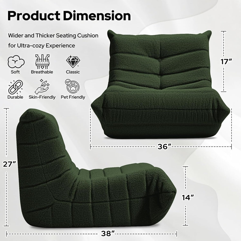 HABUTWAY Bean Bag Chairs Fireside Lazy Floor Sofa, Soft Teddy Fleece Bean Bag Sofa with High-Resilience Foam Filling，Beanbag for Living Room, Bedroom, Office (Green Teddy)