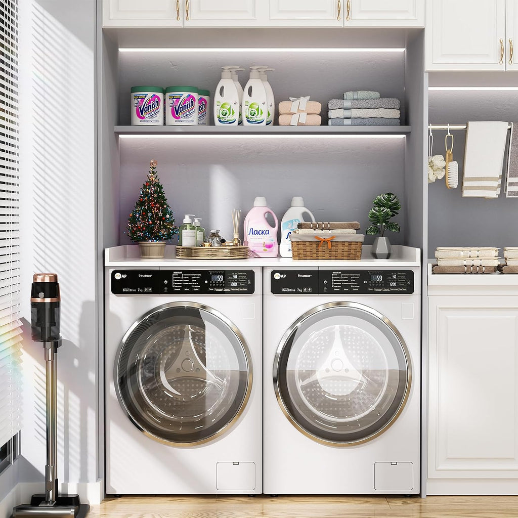 Aheaplus Washer and Dryer Countertop, Laundry Room Organization with Non-Slip Pads, Wood Shelf Topper with Round Corner Edge Rails, Folding Organizer for Laundry, 54" W x 27.5" D, White