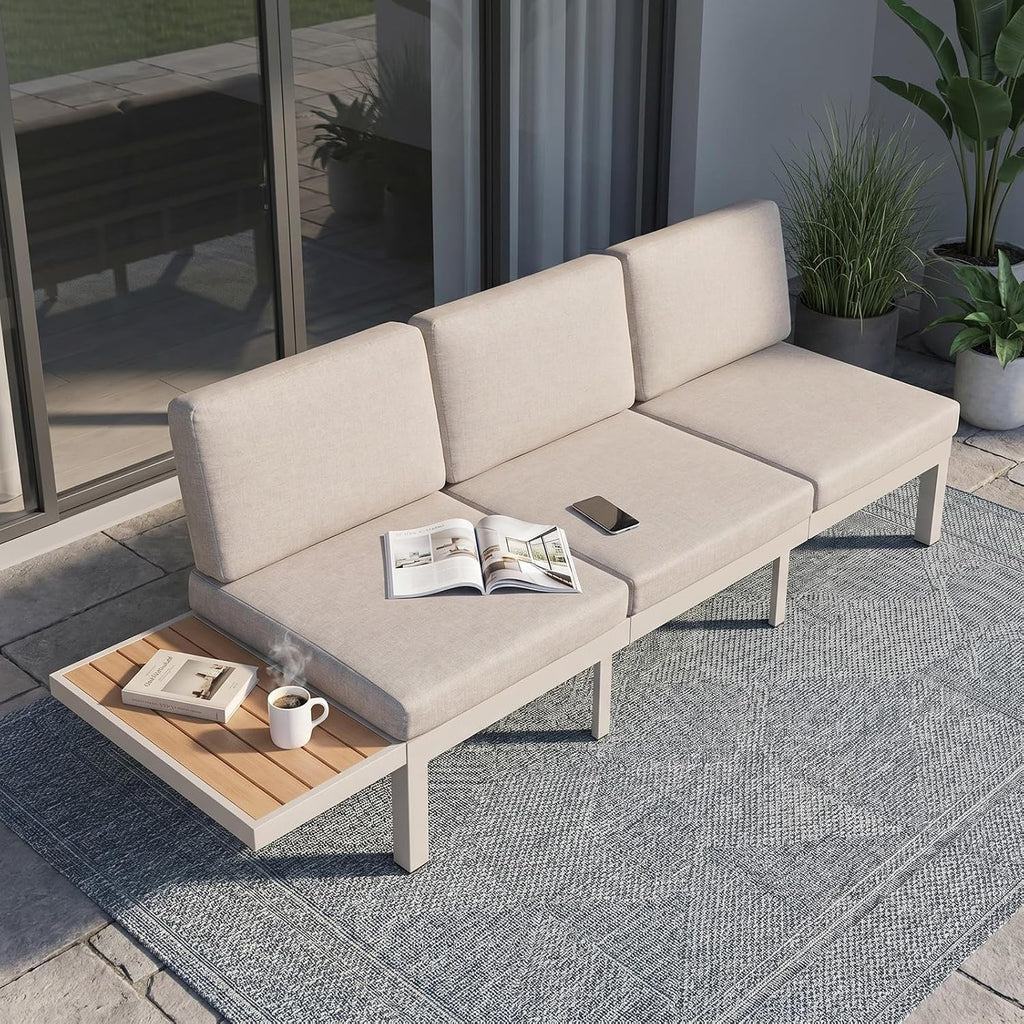 3-Seat Modular Aluminum Outdoor Sofa, Adjustable Reclining Design with Removable Side Table, All-Weather Patio Furniture Set with Water-Resistant Cushions for Backyard Poolside, Beige