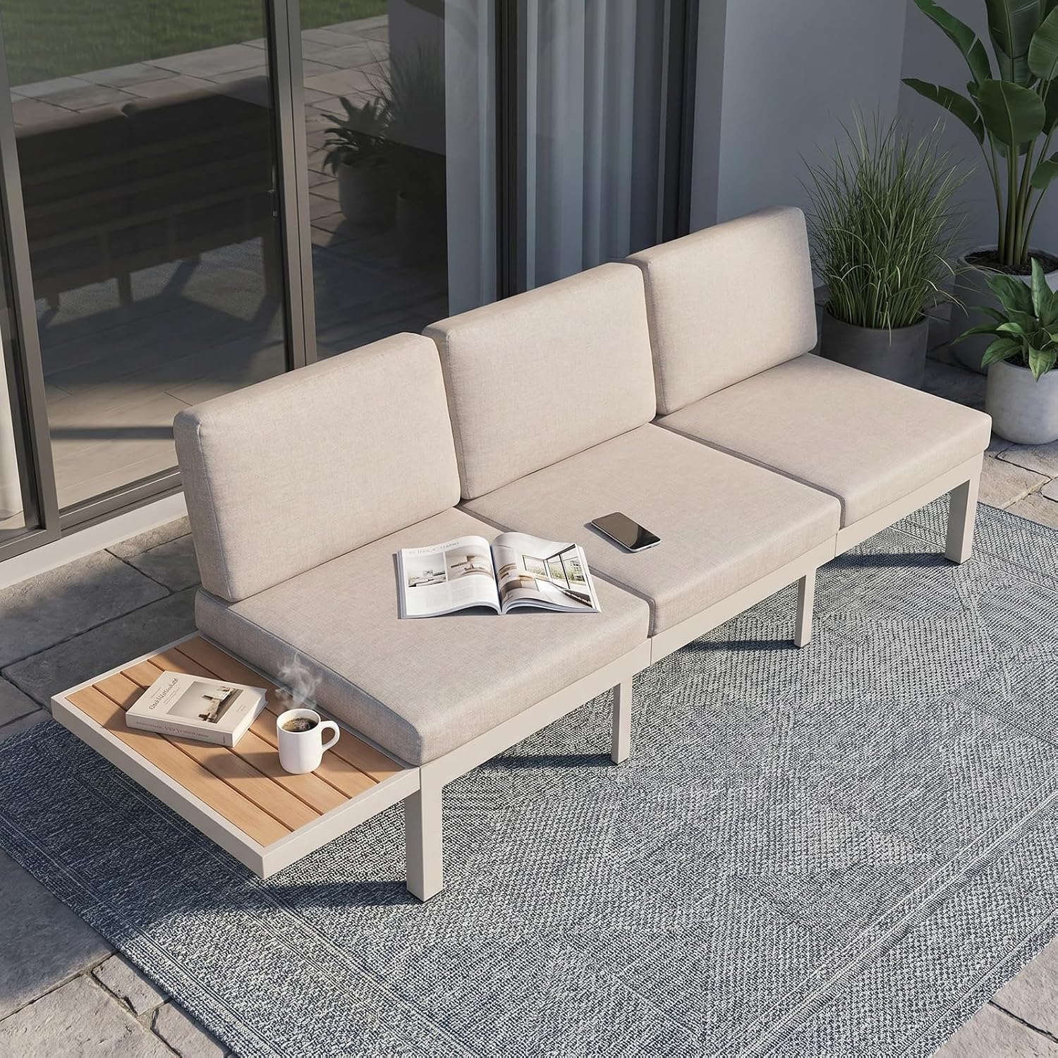 3-Seat Modular Aluminum Outdoor Sofa, Adjustable Reclining Design with Removable Side Table, All-Weather Patio Furniture Set with Water-Resistant Cushions for Backyard Poolside, Beige