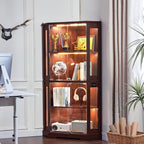 LELELINKY Farmhouse Corner Display Cabinet with Glass Doors, Corner Curio Cabinet with 3-Color LED Motion-Sensor Light, Reinforced Base, Walnut