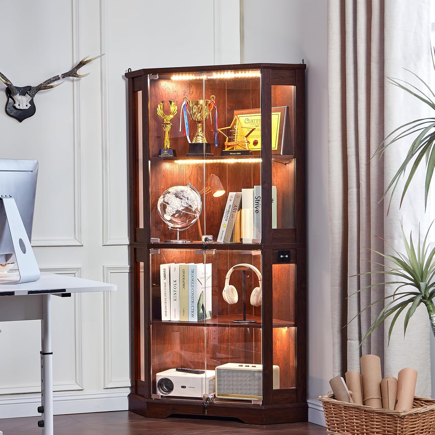 LELELINKY Farmhouse Corner Display Cabinet with Glass Doors, Corner Curio Cabinet with 3-Color LED Motion-Sensor Light, Reinforced Base, Walnut