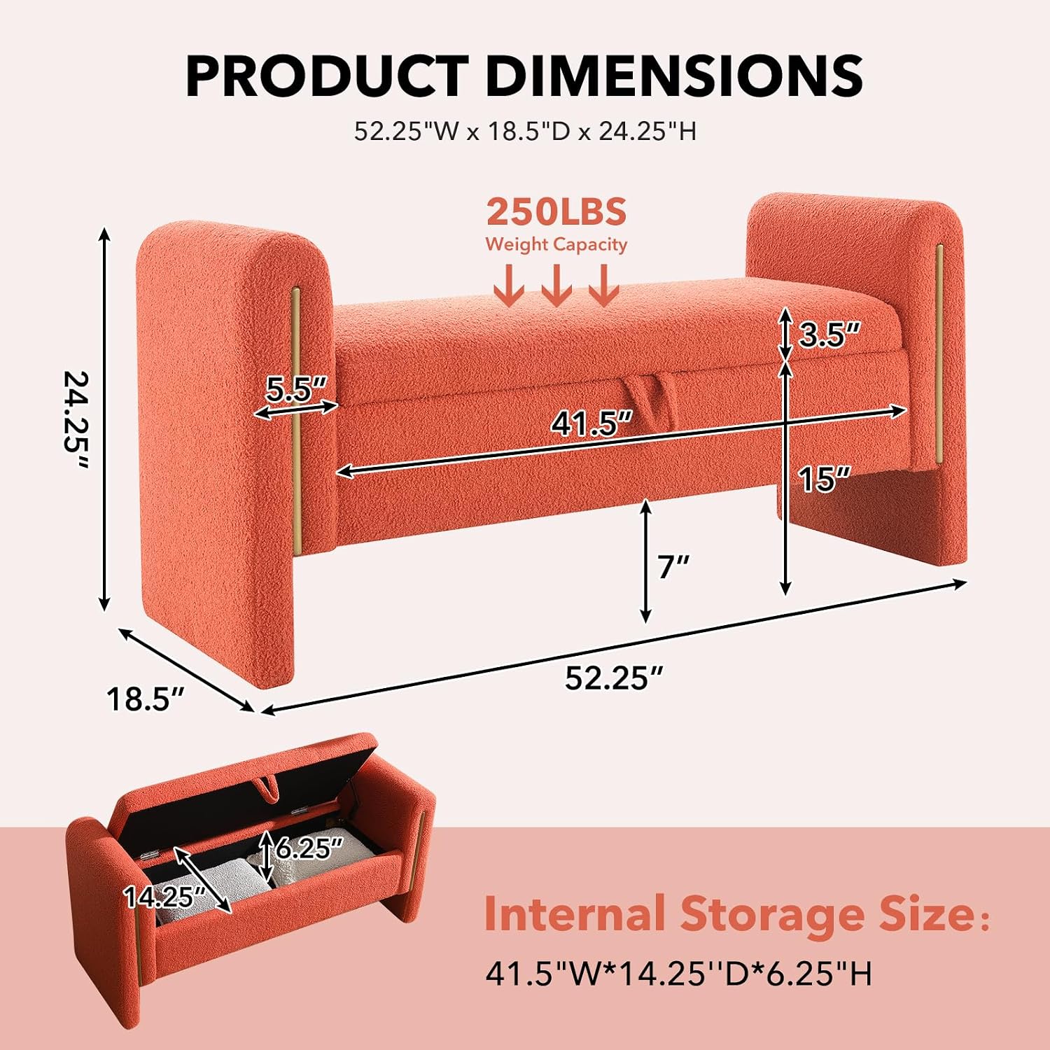 NIOIIKIT 52" Storage Ottoman Bench, Teddy Upholstered Storage Bench with Armrest, Entryway Bench with Pull-Ring, End of Bed Bench, Window Bench for Living Room (Orange)