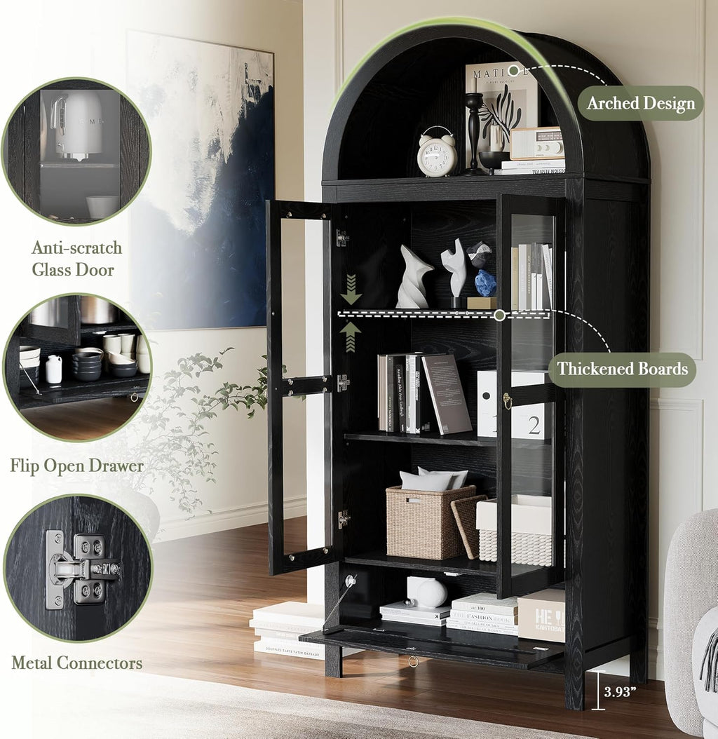 71” Tall Arched Kitchen Pantry Cabinet, Modern Farmhouse Hutch Storage Cabinets with Large Drawer and Glass Doors for Kitchen, Dining Room, Living Room, Black
