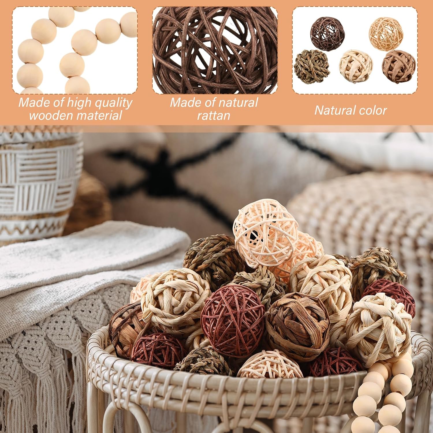 Halloscume 31 Pcs Wicker Rattan Decorative Balls with 30.3 Inch Wood Bead Garland Centerpiece Bowls Orbs Vase Fillers Wall Hanging Decor for Summer Home Farmhouse Wedding Party(Brown)