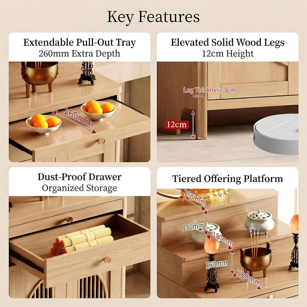 Solid Wood Frame Buddhist Altar Cabinet, Personal Shrine Altar Table with Storage Drawer, Chinese Cabinet Pedestal Offering Table Buddhist Prayer (Natural, 49.6" L * 23.6" W * 50" H in, Wood)