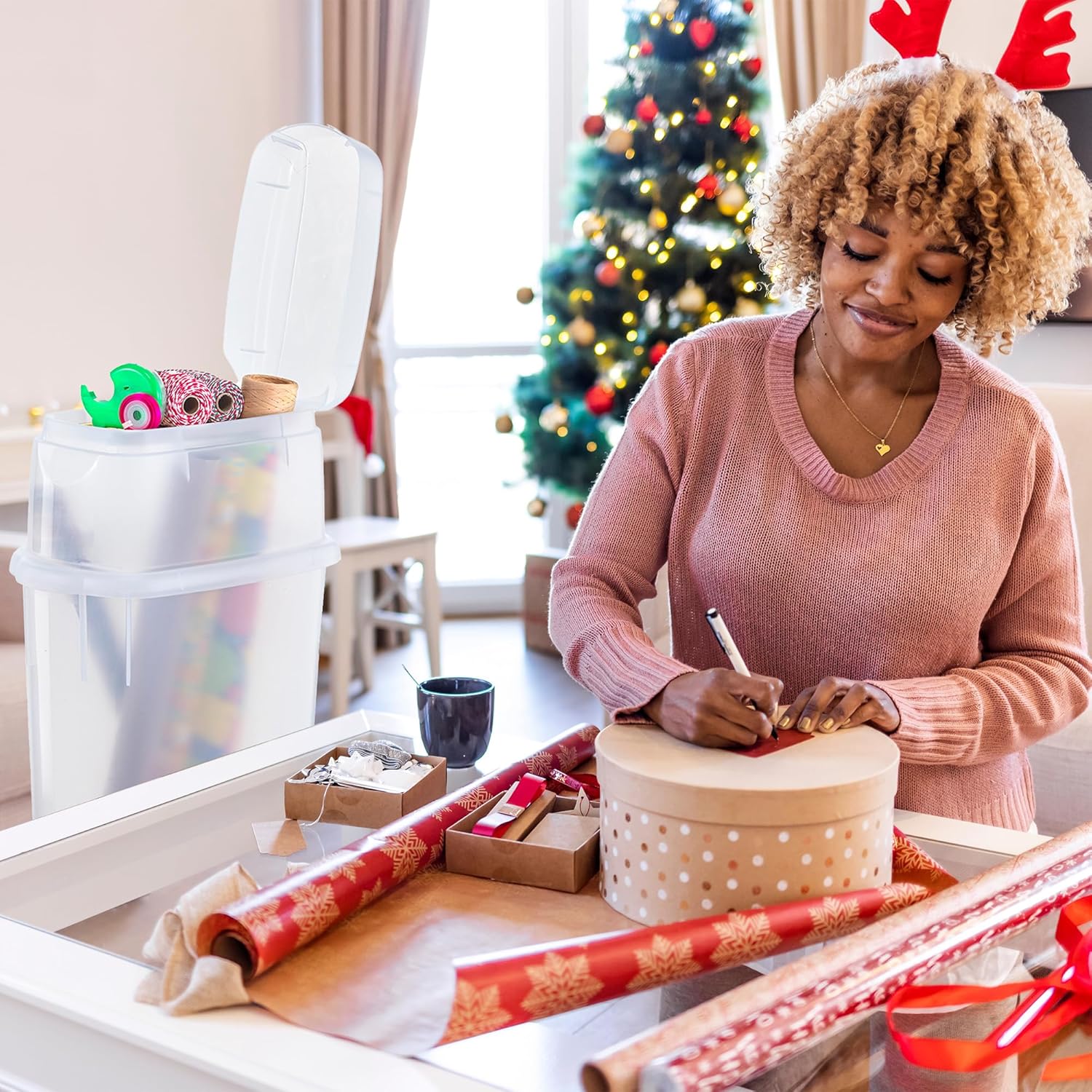 Rubbermaid Wrap N' Craft Plastic Wrapping Paper Organizer Storage Container with Top Ornament Storage Compartment for 20 Standard 30 Inch Rolls, Clear