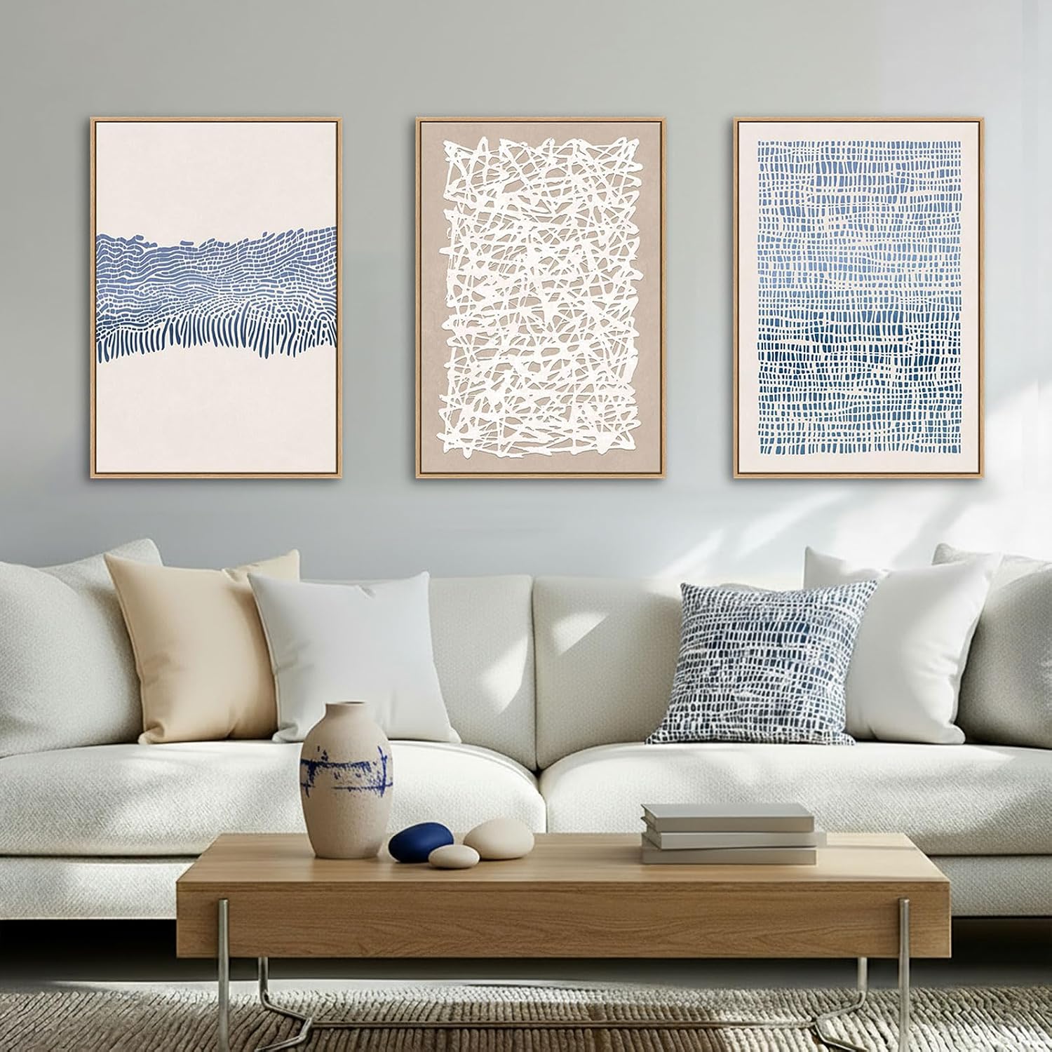 SAFERRYHOME Mid Century Neutral Blue Contrast Boho Wall Art - Modern Framed Canvas Prints Large Abstract Zen Lines Geometric Pattern Decor for Living Room, Home Office, Dining Room - 3 Pieces 24x36 Inch