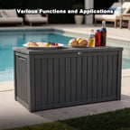 XXL Deck Box Outdoor Storage, Large Waterproof Resin Patio Furniture Cushion Organizer, Heavy Duty Lockable Garden Bench with Double-Wall Construction, Wood Grain Black (180, Gallons)
