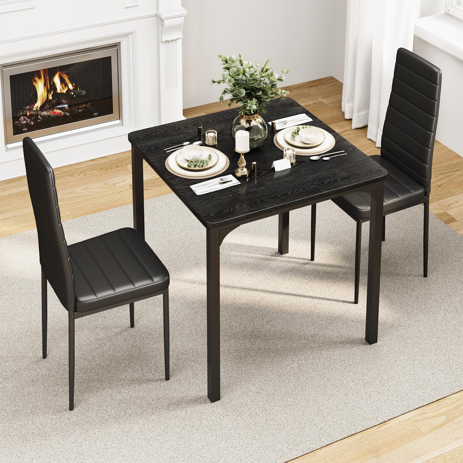 Gizoon Kitchen Table for 2, Table and Chairs Set of 2, 3 Piece Dinner Table Set with 2 Upholstered PU Leather Chairs for Dining Room, Living Room, Apartment, Small Space, Black