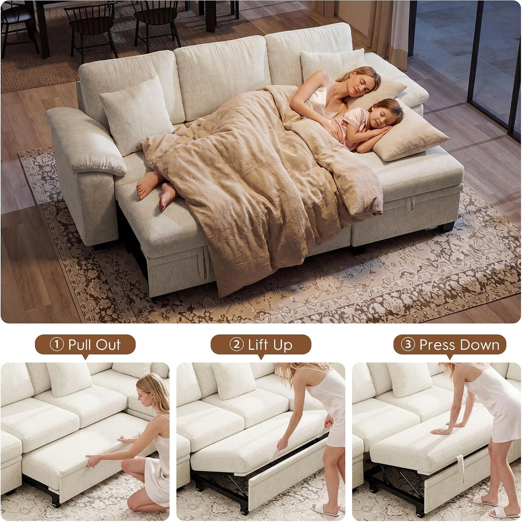 Ihanherry 86" Modular Sectional Sofa with Pull Out Bed, 4-Seater L Shaped Sectional Sleeper Couch with Storage Ottoman, Chenille Convertible Couches for Living Room, Apartment (Beige)