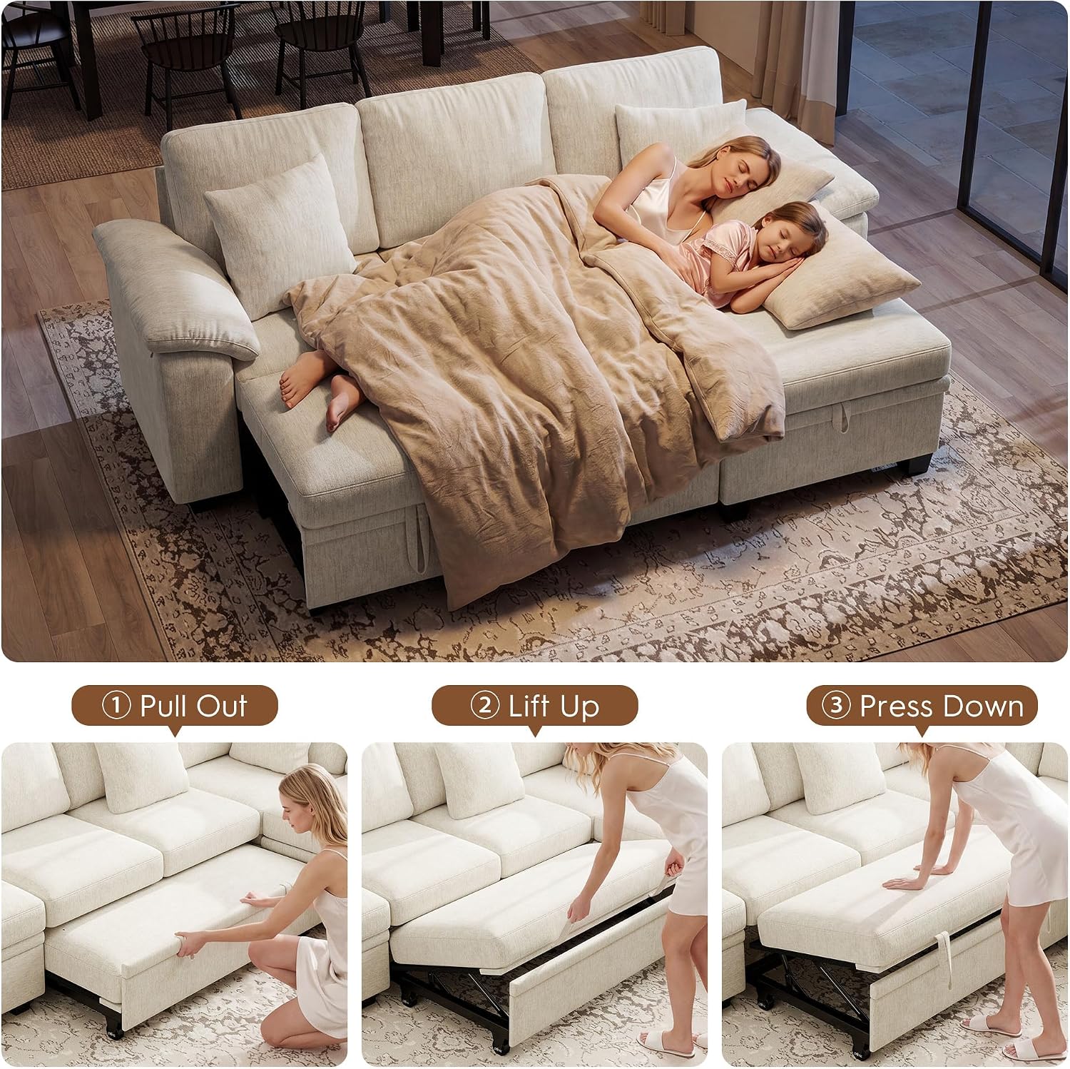 Ihanherry 86" Modular Sectional Sofa with Pull Out Bed, 4-Seater L Shaped Sectional Sleeper Couch with Storage Ottoman, Chenille Convertible Couches for Living Room, Apartment (Beige)