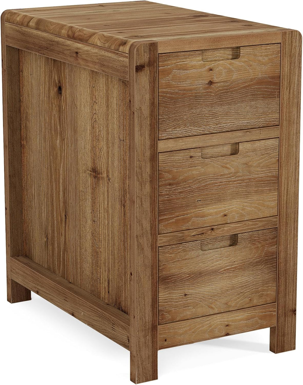 LITTLE TREE 3-Drawer Real Wood End Table, Narrow Side Table with Storage Drawers, Solid Wood Sofa Side Table for Living Room, Slim Nightstand Bedside Table for Bedroom, Natural Wood Color