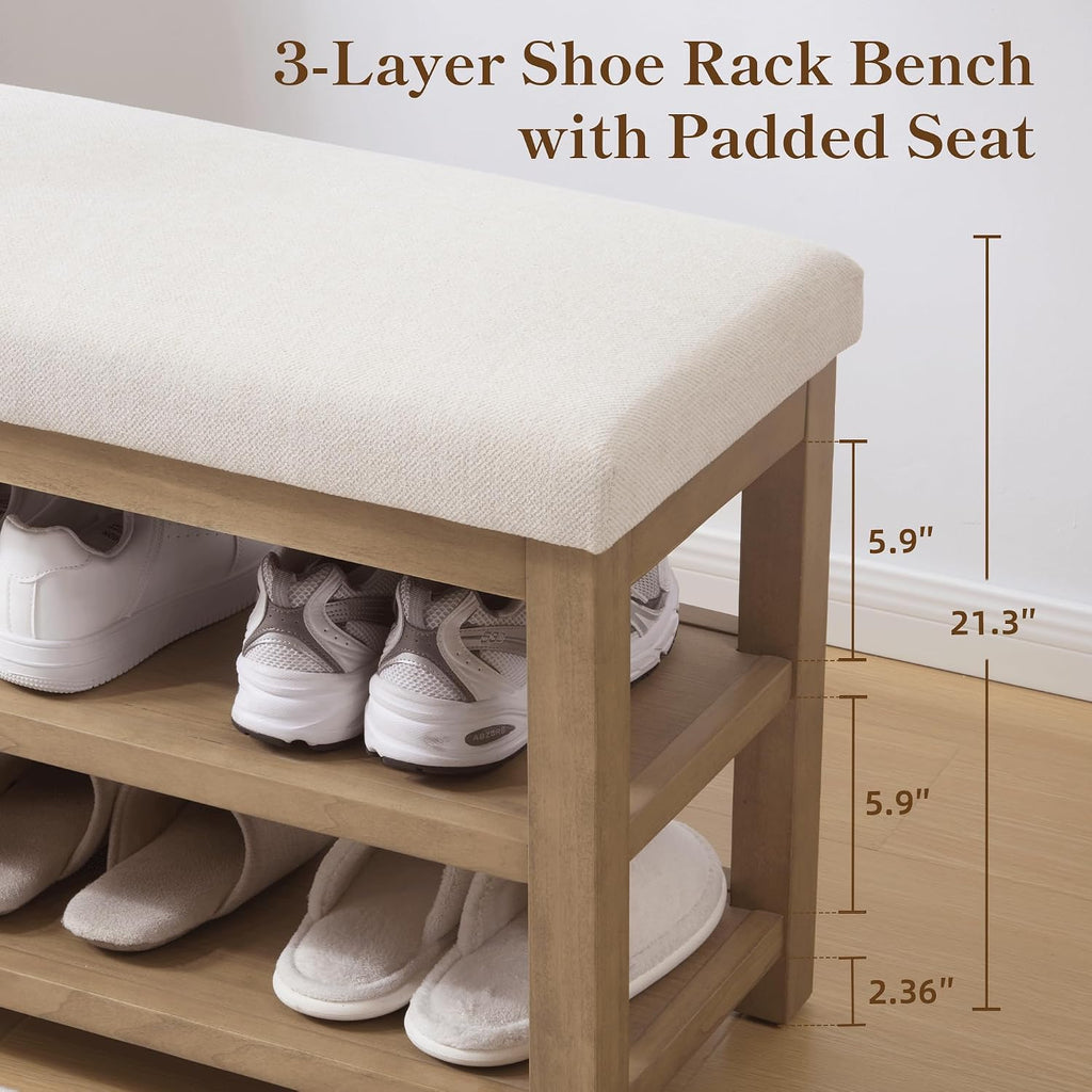 Zihanhome 2 Tier Shoe Rack Bench with Cushion, Solid Wood Shoe Benches, Mid-Century Modern Shoe Storage Bench for Entryway, Hallway, Living Room, Closet, Front Door Entrance, (Beige, 39.4")