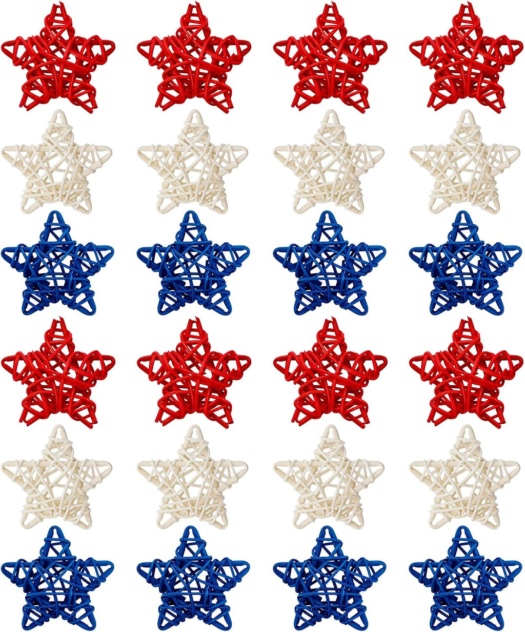 24Pcs 4th of July Rattan Stars Decoration Red White Blue Wicker Star Ornaments Patriotic Independence Day Home Decor for Vase Bowl Filler Table Centerpiece Party Decor DIY Craft
