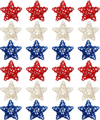 24Pcs 4th of July Rattan Stars Decoration Red White Blue Wicker Star Ornaments Patriotic Independence Day Home Decor for Vase Bowl Filler Table Centerpiece Party Decor DIY Craft