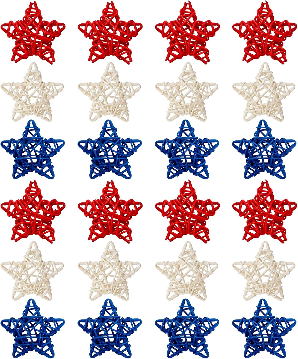 24Pcs 4th of July Rattan Stars Decoration Red White Blue Wicker Star Ornaments Patriotic Independence Day Home Decor for Vase Bowl Filler Table Centerpiece Party Decor DIY Craft
