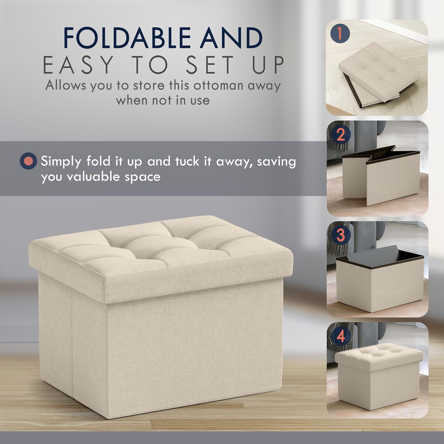 Ornavo Home Small Storage Ottoman Foldable Collapsible Rectangle Linen Ottoman Foot Rest Stool Seat, for Living Room, Bedroom, Home Office, Dorm - 12 x 16 x 12, Beige